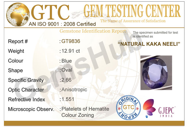 Natural Kaka Neeli Stone 12.91 ct